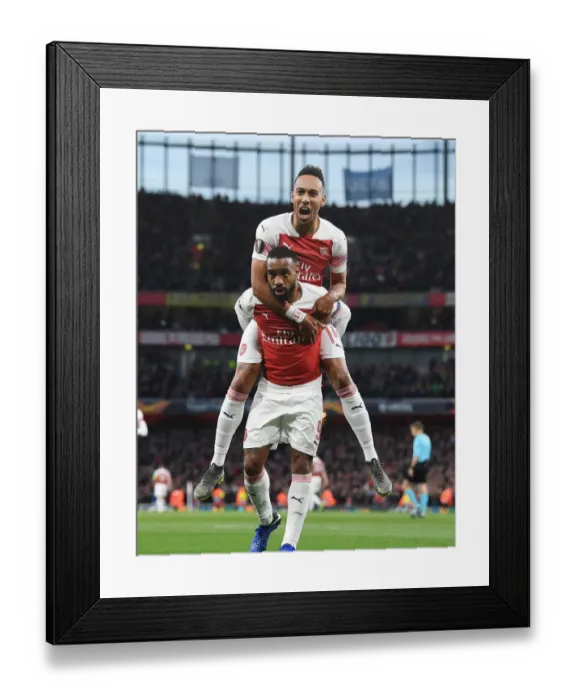 Framed Print : Arsenal's Lacazette and Aubameyang Celebrate Goal in Europa League Semi-Final vs Valencia Framed Print : Arsenal's Lacazette and Aubameyang Celebrate Goal in Europa League Semi-Final vs Valencia