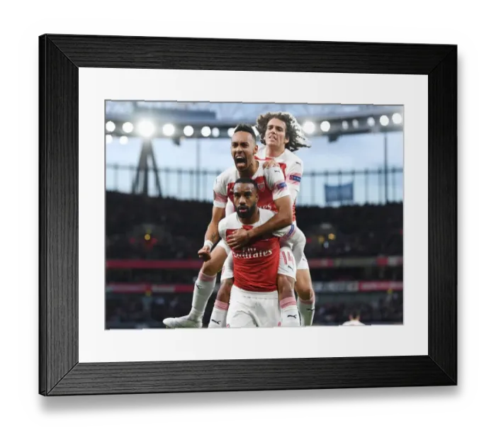 Framed Print : Arsenal's Lacazette, Aubameyang, and Guendouzi Celebrate Goal in Europa League Semi-Final vs Valencia