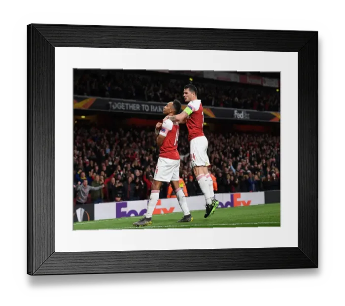 Framed Print : Arsenal's Aubameyang and Xhaka Celebrate Goals in Europa League Semi-Final vs Valencia Framed Print : Arsenal's Aubameyang and Xhaka Celebrate Goals in Europa League Semi-Final vs Valencia