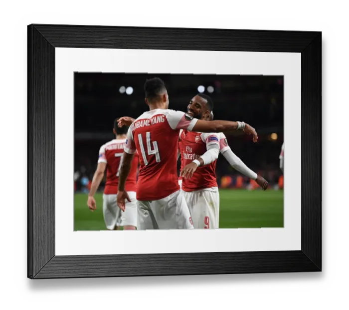 Framed Print : Arsenal's Aubameyang and Lacazette: Unstoppable Duo Celebrates Goals in Europa League Semi-Final vs Valencia