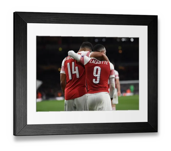 Framed Print : Arsenal's Aubameyang and Lacazette: Unstoppable Duo Celebrates Goals in Europa League Semi-Final vs Valencia