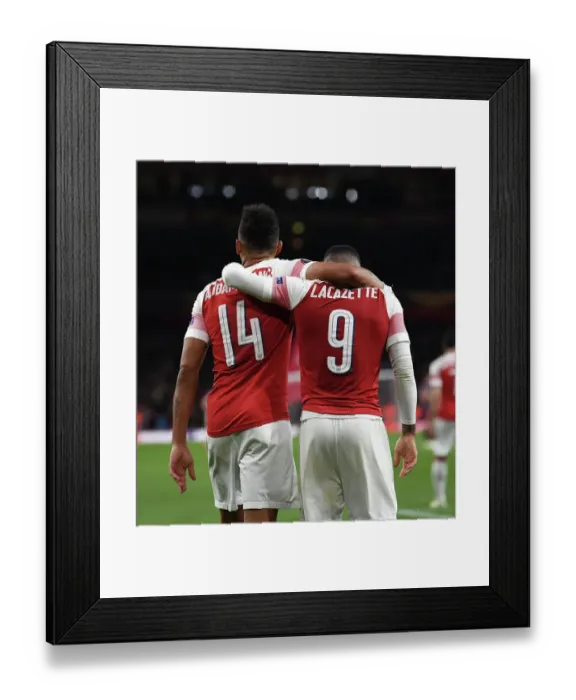 Framed Print : Arsenal's Aubameyang and Lacazette Celebrate Goals in Europa League Semi-Final vs Valencia Framed Print : Arsenal's Aubameyang and Lacazette Celebrate Goals in Europa League Semi-Final vs Valencia