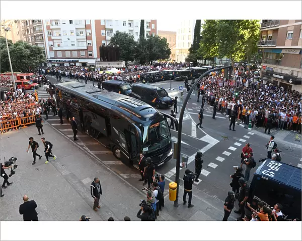 Arsenal's Europa League Semi-Final Arrival at Valencia: The Team Bus Approaches Estadio Mestalla
