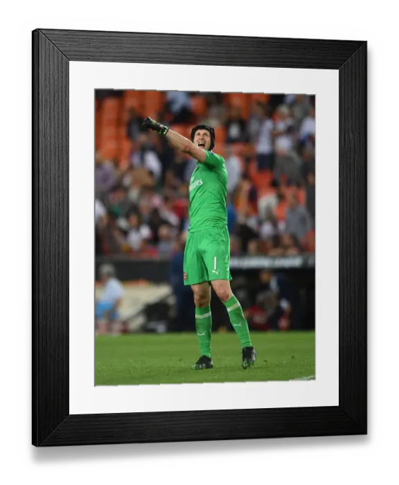 Framed Print : Arsenal's Europa League Triumph: Petr Cech Celebrates Historic Semi-Final Victory over Valencia Framed Print : Arsenal's Europa League Triumph: Petr Cech Celebrates Historic Semi-Final Victory over Valencia