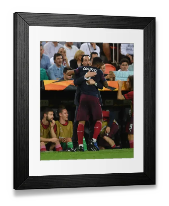 Framed Print : Unai Emery and Alexandre Lacazette Celebrate Arsenal's Europa League Semi-Final Goal Against Valencia Framed Print : Unai Emery and Alexandre Lacazette Celebrate Arsenal's Europa League Semi-Final Goal Against Valencia