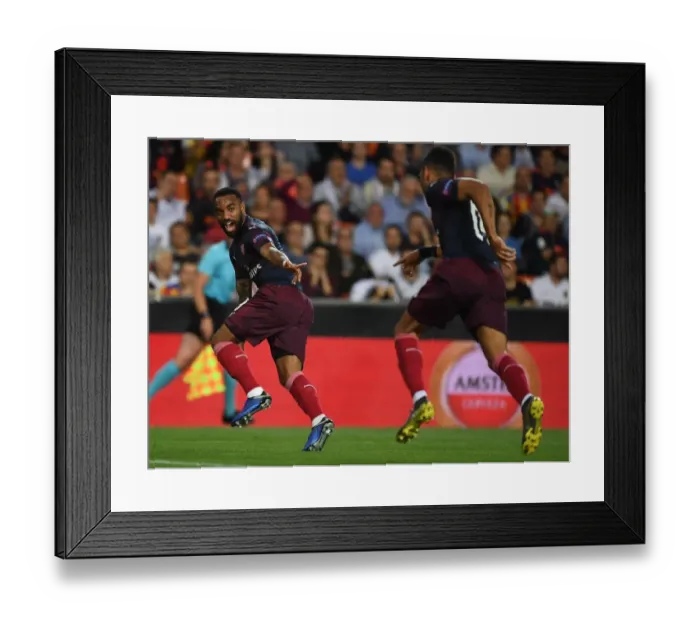 Framed Print : Arsenal's Aubameyang and Lacazette: Celebrating a Goal in the Europa League Semi-Final against Valencia (2018-19)