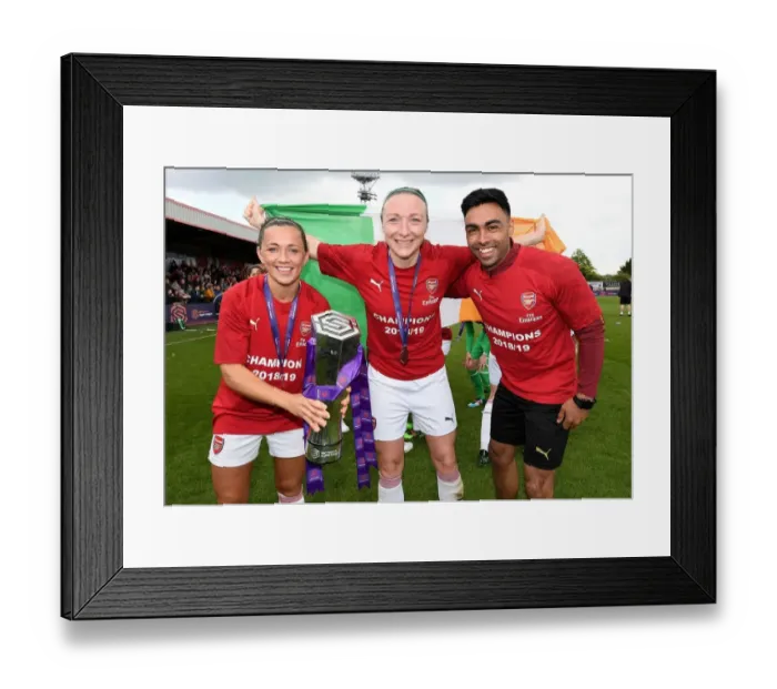 Framed Print : Arsenal Women Celebrate Historic WSL Title Win with Katrine Veje, Ava Kuyken, and Team Physio Eoin Clarkin: Holding the Trophy High at Meadow Park