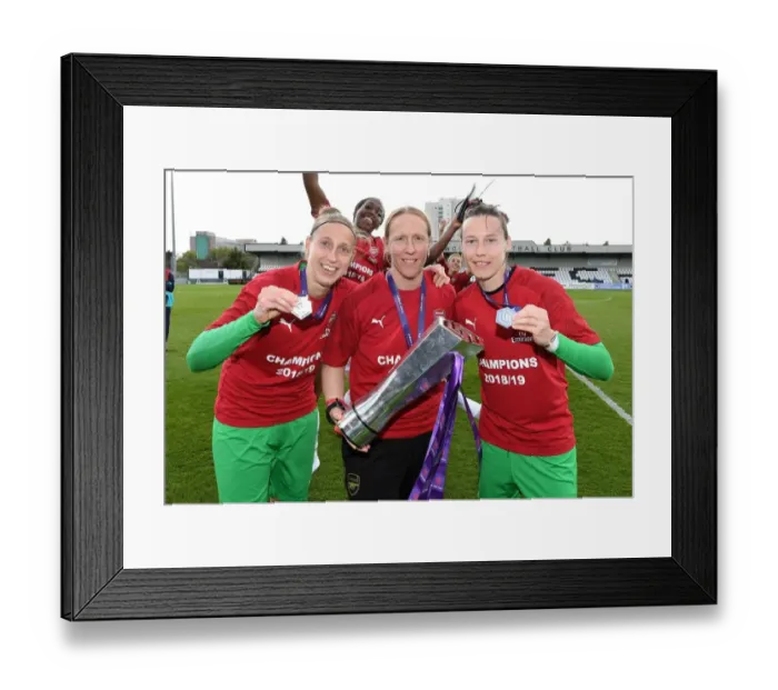 Framed Print : Arsenal Women's Team Celebrates WSL Title with Goalkeepers Sari van Veenendaal, Leanne Hall, and Pauline Peyraud-Magnin