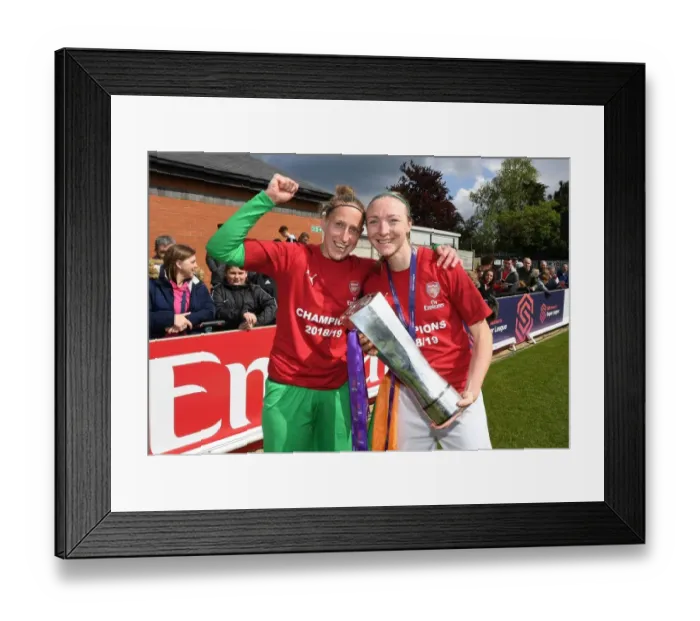 Framed Print : Arsenal Women Celebrate Historic WSL Title Win with Captains Sari van Veenendaal and Louise Quinn Holding the Trophy