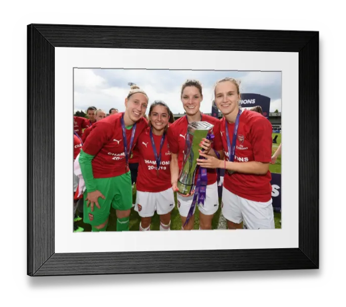 Framed Print : Arsenal Women's Historic Title Win: Van Veenendaal, Van de Donk, Bloodworth, and Miedema Celebrate with the Trophy