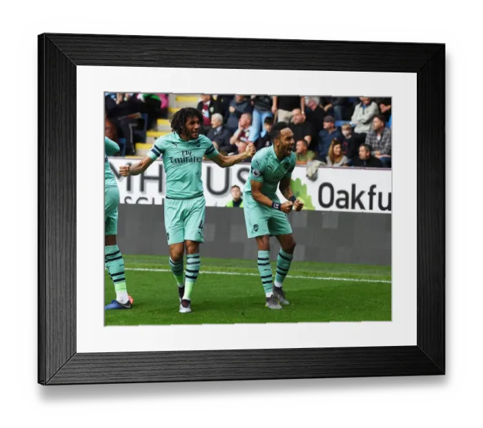Framed Print : Aubameyang and Elneny Celebrate Arsenal's First Goal Against Burnley (2018-19) Framed Print : Aubameyang and Elneny Celebrate Arsenal's First Goal Against Burnley (2018-19)