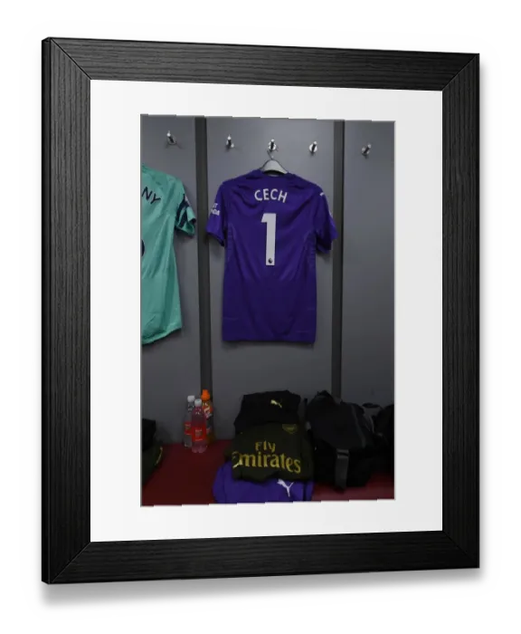 Framed Print : Arsenal's Cech's Shirt in Burnley Changing Room - Premier League Showdown (Burnley v Arsenal 2018-19)