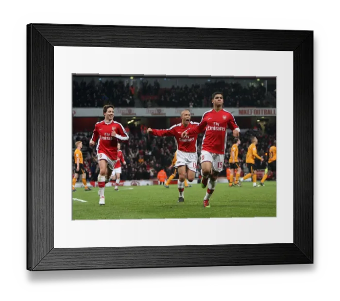 Framed Print : Denilson celebrates scoring Arsenals 1st goal with Mikael Silvestre and Samir Nasri