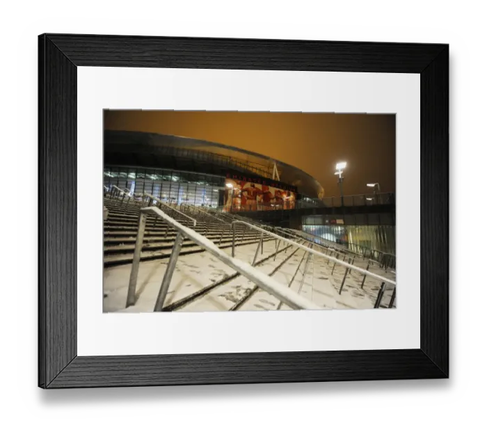 Framed Print : Winter's Embrace at Emirates Stadium: Arsenal's Snow-Covered Fortress, London (2009)