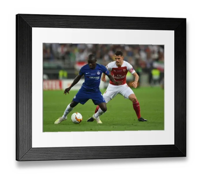 Framed Print : Arsenal's Granit Xhaka Clashes with Chelsea's N'Golo Kante in Europa League Final Showdown