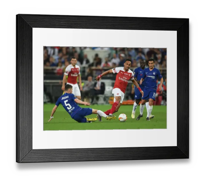 Framed Print : Arsenal's Aubameyang Clashes with Chelsea's Jorginho and Pedro in Europa League Final