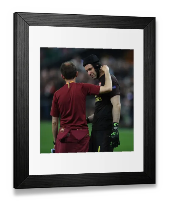 Framed Print : Arsenal's Bittersweet Europa League Final Defeat: Petr Cech Consoled by Javi Garcia after Loss to Chelsea Framed Print : Arsenal's Bittersweet Europa League Final Defeat: Petr Cech Consoled by Javi Garcia after Loss to Chelsea