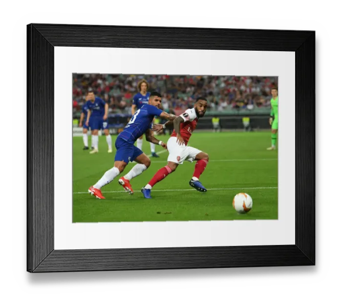 Framed Print : Arsenal's Lacazette Clashes with Chelsea's Emerson in Europa League Final Showdown Framed Print : Arsenal's Lacazette Clashes with Chelsea's Emerson in Europa League Final Showdown