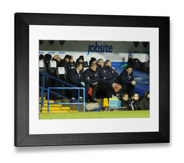 Framed Print : Arsenal manager Arsene Wenger with physio Colin Lewin and assistant Pat Rice during the match