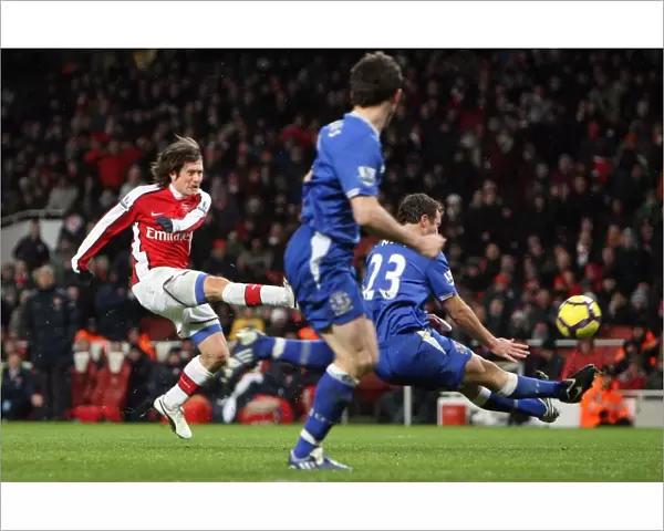 Tomas Rosicky scores Arsenals 2nd goal under pressure from Lucas Neill (Everton)