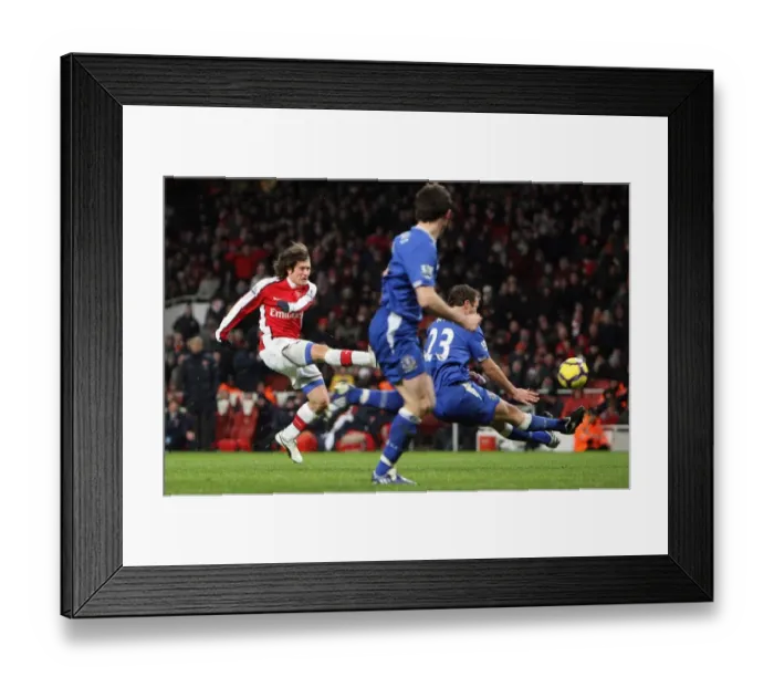 Framed Print : Tomas Rosicky scores Arsenals 2nd goal under pressure from Lucas Neill (Everton)