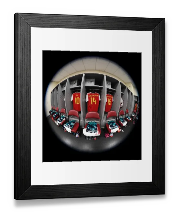 Framed Print : Arsenal Football Club: Mesut Ozil, Pierre-Emerick Aubameyang, and Ainsley Maitland-Niles Pre-Season Jerseys in Commerce City