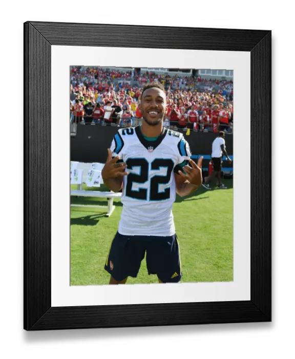 Framed Print : Arsenal's Aubameyang Receives Carolina Panthers Shirt from Christian McCaffrey Ahead of Arsenal v Fiorentina Match, 2019 International Champions Cup, Charlotte Framed Print : Arsenal's Aubameyang Receives Carolina Panthers Shirt from Christian McCaffrey Ahead of Arsenal v Fiorentina Match, 2019 International Champions Cup, Charlotte
