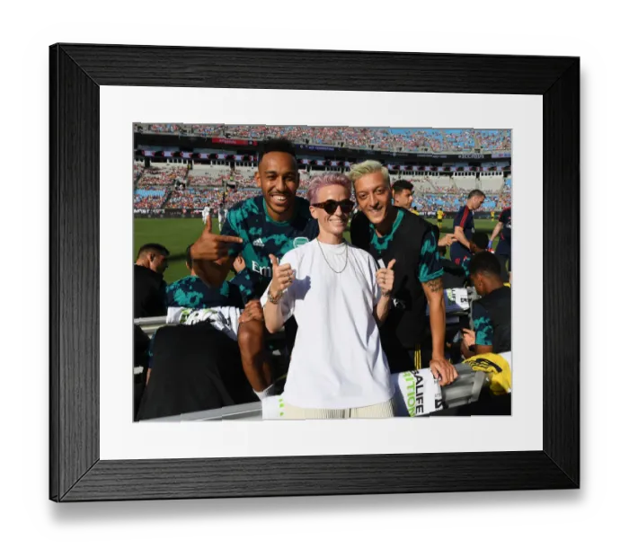 Framed Print : Arsenal's Aubameyang and Ozil Meet US Women's World Cup Champion Rapinoe Ahead of Arsenal v Fiorentina Match, 2019 International Champions Cup, Charlotte Framed Print : Arsenal's Aubameyang and Ozil Meet US Women's World Cup Champion Rapinoe Ahead of Arsenal v Fiorentina Match, 2019 International Champions Cup, Charlotte