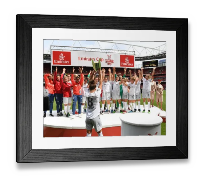 Framed Print : Bayern Munich Celebrate Emirates Cup Victory over Arsenal Women (2019-20)