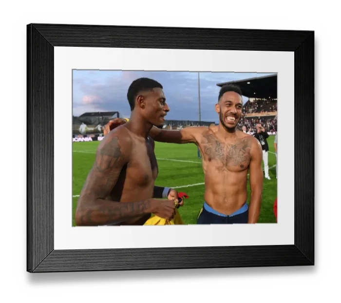 Framed Print : Angers vs Arsenal: Aubameyang and Reine-Adelaide Exchange Shirts Post-Match Framed Print : Angers vs Arsenal: Aubameyang and Reine-Adelaide Exchange Shirts Post-Match