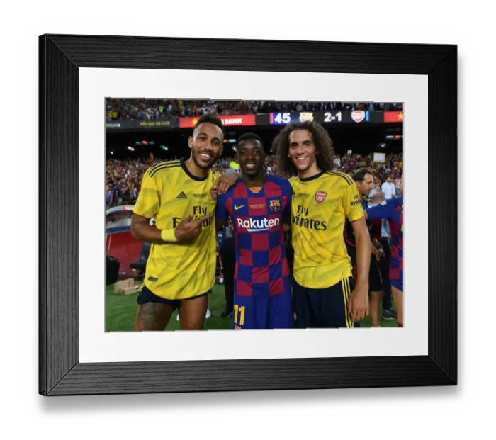 Framed Print : FC Barcelona vs. Arsenal: Aubameyang and Guendouzi Meet Dembele Post-Match