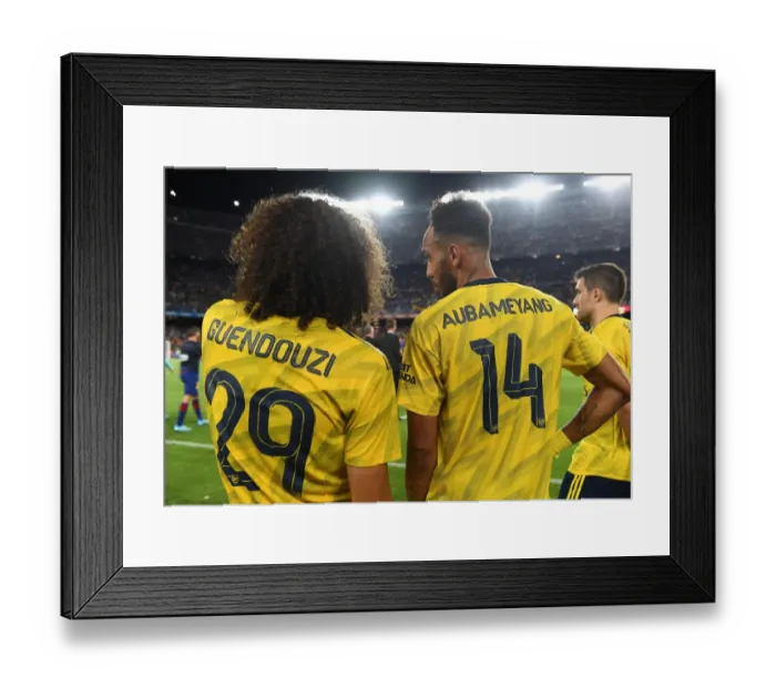 Framed Print : Arsenal's Guendouzi and Aubameyang: Post-Match Moment at FC Barcelona, 2019