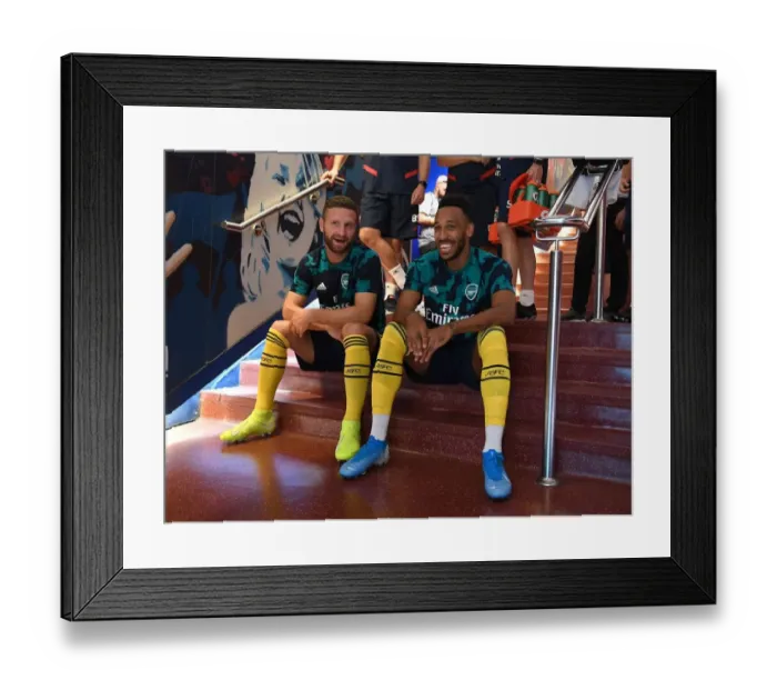 Framed Print : Arsenal's Mustafi and Aubameyang Before FC Barcelona Clash (2019-20)