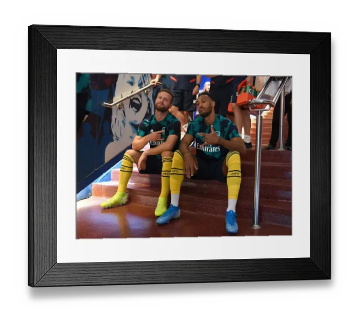 Framed Print : Arsenal's Mustafi and Aubameyang Pre-Match Huddle at FC Barcelona, 2019 Framed Print : Arsenal's Mustafi and Aubameyang Pre-Match Huddle at FC Barcelona, 2019