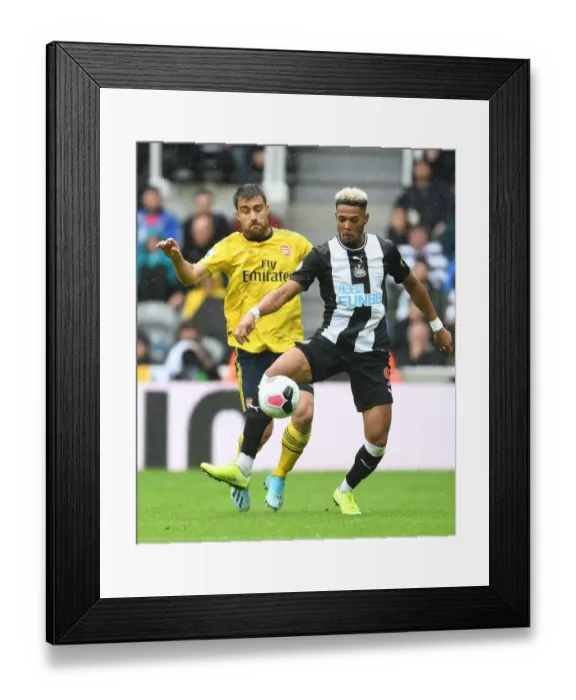 Framed Print : Sokratis vs Joelinton: Intense Battle in Newcastle United vs Arsenal FC Premier League Clash