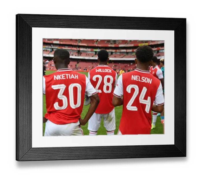 Framed Print : Arsenal's Young Stars: Nketiah, Willock, and Nelson Celebrate Emirates Cup Victory over Olympique Lyonnais