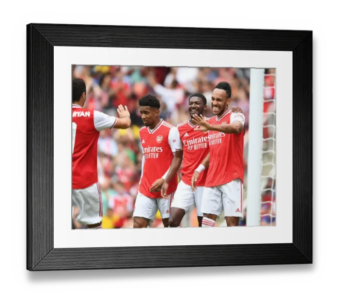 Framed Print : Arsenal Celebrate: Aubameyang Scores against Olympique Lyonnais at Emirates Cup 2019