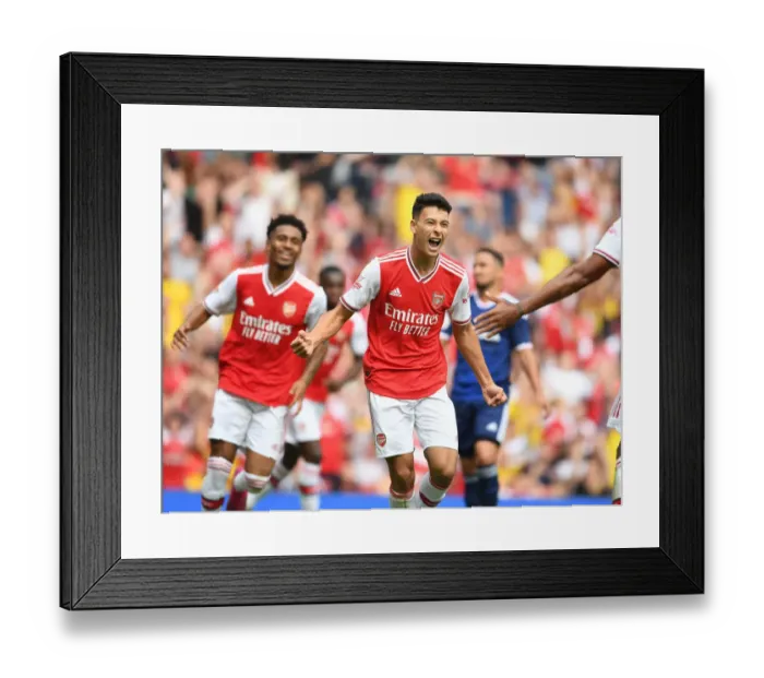 Framed Print : Controversial Offside: Martinelli's Disallowed Goal for Arsenal vs. Olympique Lyonnais - Emirates Cup 2019