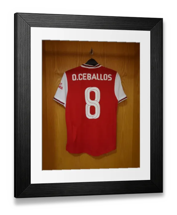 Framed Print : Arsenal FC: Dani Ceballos Hanging Shirt in Emirates Cup Home Changing Room (Arsenal v Olympique Lyonnais, 2019-20)
