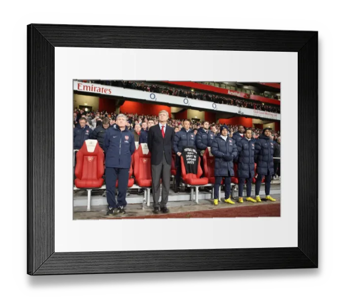 Framed Print : Arsene Wenger and Pat Rice Lead Silence for Haiti Disaster at Arsenal's Emirates Stadium Amidst 4:2 Victory over Bolton Wanderers, Barclays Premier League (2010)