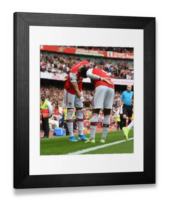 Framed Print : Arsenal's Lacazette and Aubameyang: Unison Goal Celebration in Arsenal's 2019-20 Premier League Opener against Burnley