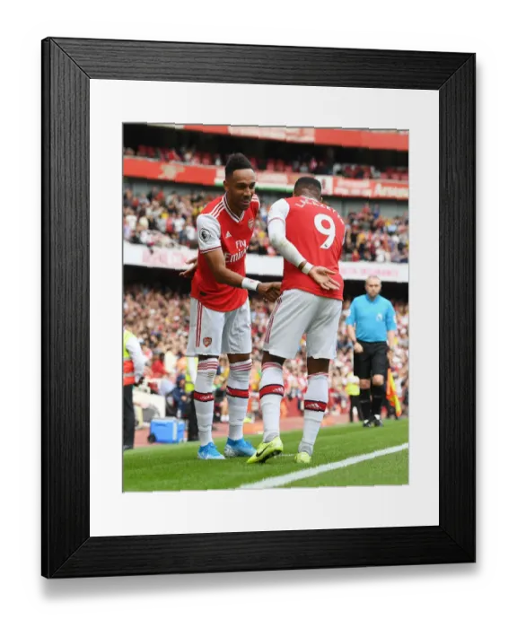 Framed Print : Arsenal's Lacazette and Aubameyang Celebrate First Goal in Arsenal v Burnley (2019-20)
