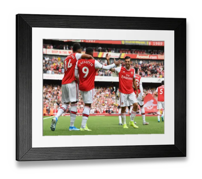 Framed Print : Arsenal's Lacazette, Aubameyang, and Ceballos Celebrate First Goal vs. Burnley (2019-20)