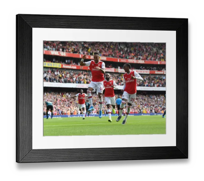 Framed Print : Arsenal: Aubameyang and Willock Celebrate Goals Against Burnley (2019-20) Framed Print : Arsenal: Aubameyang and Willock Celebrate Goals Against Burnley (2019-20)