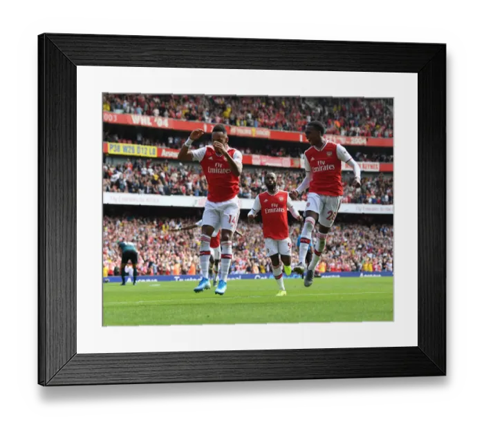Framed Print : Arsenal's Aubameyang and Willock Celebrate Goals Against Burnley in 2019-20 Premier League Framed Print : Arsenal's Aubameyang and Willock Celebrate Goals Against Burnley in 2019-20 Premier League