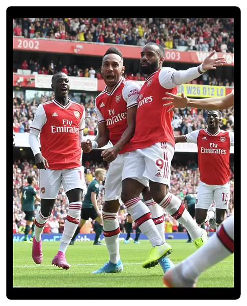 Arsenal's Aubameyang, Pepe, and Lacazette Celebrate Goals Against Burnley (2019-20)