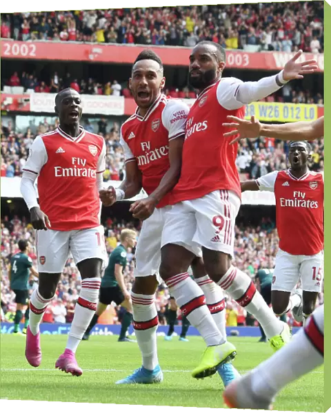 Arsenal's Aubameyang, Pepe, and Lacazette Celebrate Goals Against Burnley (2019-20)