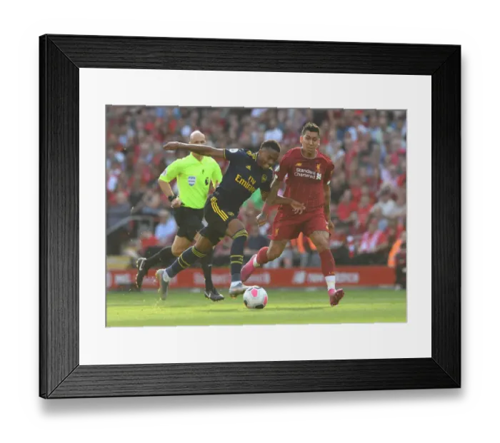 Framed Print : Joe Willock vs. Roberto Firmino: Intense Battle at Anfield - Liverpool vs. Arsenal, Premier League 2019-2020