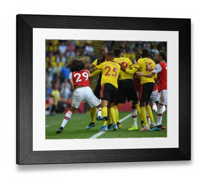 Framed Print : Clash of Midfielders: Guendouzi vs. Holebas, Capoue, Doucoure - Watford vs. Arsenal, Premier League 2019-20 Framed Print : Clash of Midfielders: Guendouzi vs. Holebas, Capoue, Doucoure - Watford vs. Arsenal, Premier League 2019-20