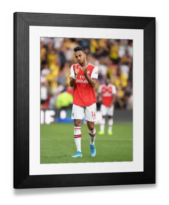 Framed Print : Aubameyang Celebrates with Fans: Watford vs. Arsenal, Premier League 2019-20